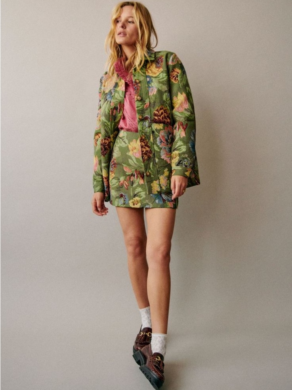 SEZANE Green Floral Jacquard Mini Skirt